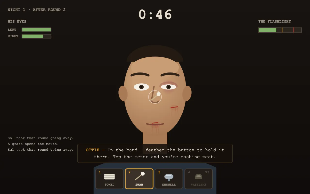 The corner screen: a fighter's face with a graze on the mouth, the clock at 0:46, and the coach caption about keeping the enswell in the band.