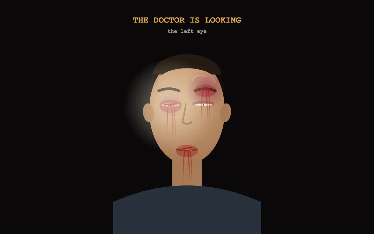 THE DOCTOR IS LOOKING: the left eye. Flashlight glow on a drawn face with a swollen, cut eye and red streaks.