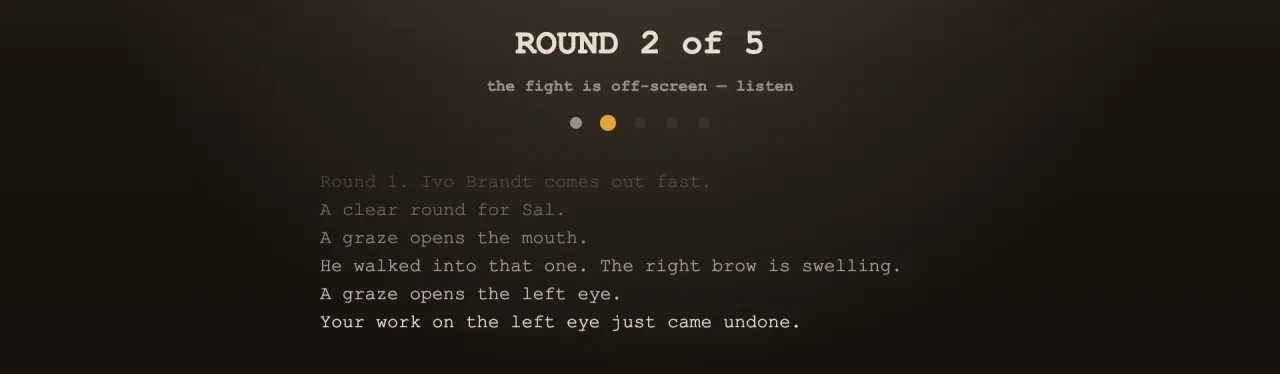 The off-screen round: ring ropes, ROUND 2 of 5, and ticker lines including 'Your work on the left eye just came undone.'